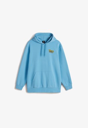 Sweat à capuche bleu clair en coton, avec une poche frontale et le logo "Vans" brodé en jaune et noir sur la poitrine.