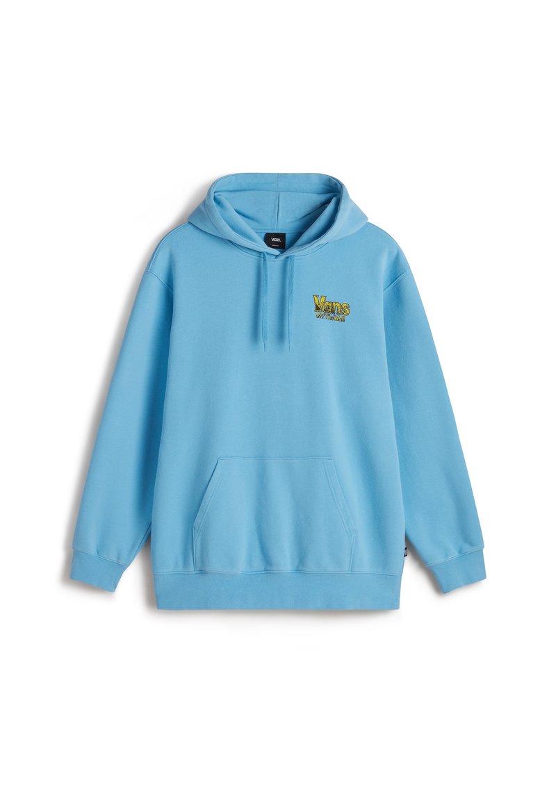 Sudadera con capucha de color azul claro, hecha de algodón, con un bolsillo delantero y el logo de "Vans" bordado en amarillo y negro en el pecho.