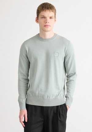Jonge man in een lichtgrijze trui met ronde hals en een klein logo op de borst, gecombineerd met losse zwarte broeken, staand tegen een witte achtergrond.