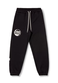 Zwarte joggingbroek van zacht materiaal, met een elastische tailleband met trekkoord, zijzakken en een wit logo op de linker bovenbeen.