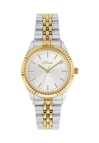 Silberne und goldene Edelstahl-Uhr mit rundem Ziffernblatt, strukturiertem silbernen Zifferblatt, goldenen Akzenten und geripptem Lünette.