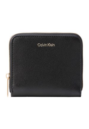 Portofel din piele neagră Calvin Klein cu fermoar și logo auriu, compact și dreptunghiular, cu închidere cu fermoar pe trei părți.