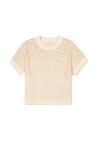 Korte mouw crèmekleurige trui met een gestructureerd verlooppatroon in een lichtere beige tint. Geribde halslijn en onderrand zorgen voor een goede pasvorm.