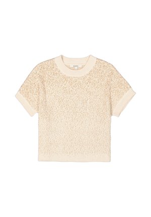 Korte mouw crèmekleurige trui met een gestructureerd verlooppatroon in een lichtere beige tint. Geribde halslijn en onderrand zorgen voor een goede pasvorm.
