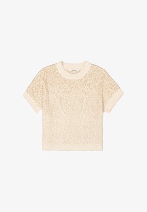 Suéter de manga corta en color crema con un patrón de gradiente texturizado en un beige más claro. El cuello y el dobladillo acanalados añaden estructura.