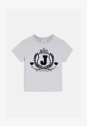 Gray short-sleeve t-shirt featuring a black crown and "J" crest design, framed by laurel leaves and hearts, with text below.