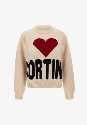 Pull en tricot beige avec un cœur rouge et "CORTINA" en noir. Présente un col rond et des poignets et un ourlet côtelés. Coupe décontractée, tissu texturé.