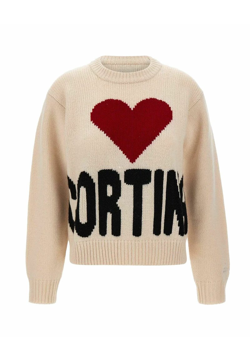 Pull en tricot beige avec un cœur rouge et "CORTINA" en noir. Présente un col rond et des poignets et un ourlet côtelés. Coupe décontractée, tissu texturé.