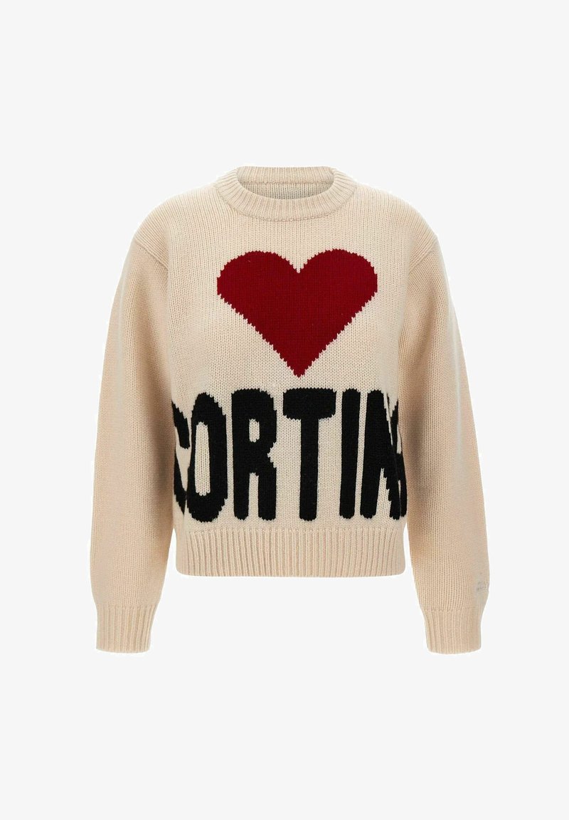 Pull en tricot beige avec un cœur rouge et "CORTINA" en noir. Présente un col rond et des poignets et un ourlet côtelés. Coupe décontractée, tissu texturé.