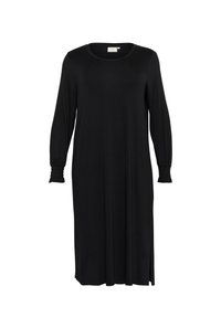 Vestido negro de manga larga con escote redondeado, puños fruncidos, aberturas laterales y una silueta recta, confeccionado en una tela suave.