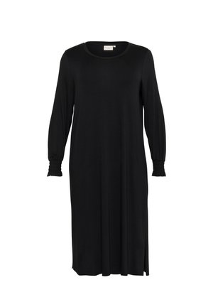 Robes noires à manches longues avec un col rond, des poignets froncés, des fentes latérales, et une silhouette droite en tissu doux.