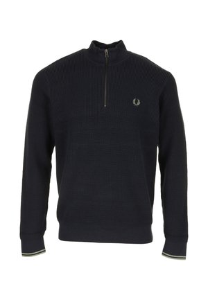 Maglione blu navy a maglia waffle con collo con zip a un quarto, polsini a coste con strisce bianche e piccolo logo ricamato con corona d'alloro sul petto.