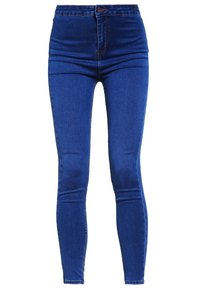 Modré džínové kalhoty s vysokým pasem a úzkým střihem, s klasickým prošitím, zapínáním na knoflík a pětipytlovým designem. Hladká textura.