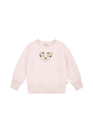 Felpa rosa chiaro in morbido tessuto con un ricamo di una faccia d'orso con un cappellino da festa sulla parte anteriore. Polsini e orlo aderenti.