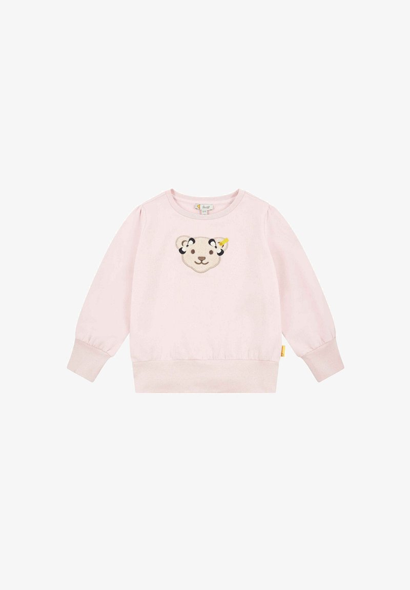 Light pink sweatshirt made of soft fabric featuring an embroidered bear face with a party hat on the front. Fitted cuffs and hem.