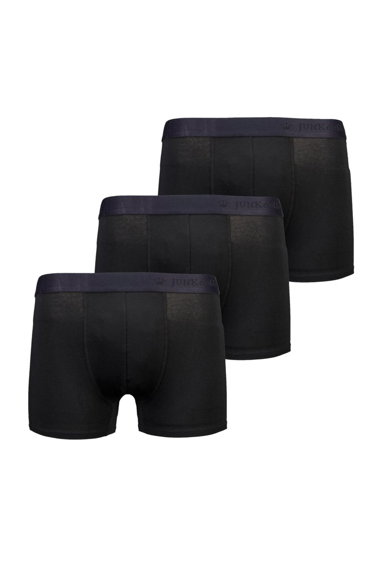 Czarne majtki typu boxer w zestawie trzech sztuk. Miękka tkanina z gładką gumką z logo "JUNK de LUXE". Średni stan.