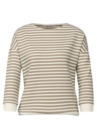 Leichter Pullover mit Rundhalsausschnitt, der horizontale Streifen in Creme und Hellbraun aufweist, eine strukturierte Oberfläche hat und lange Ärmel mit engen Bündchen besitzt.