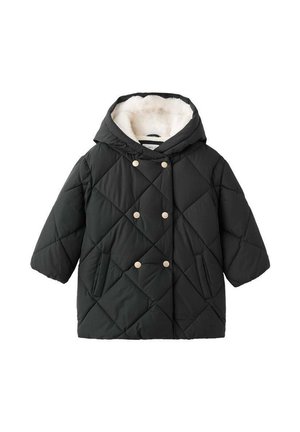 Manteau rembourré noir matelassé avec une capuche, doté d'une douce doublure en fausse fourrure, de manches courtes et de boutons dorés bien visibles à l'avant.