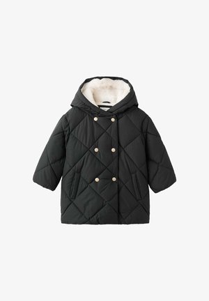 Sort quiltet pufferjakke med hætte, der har en blød faux fur-foring, korte ærmer og fremtrædende guldfarvede knapper foran.