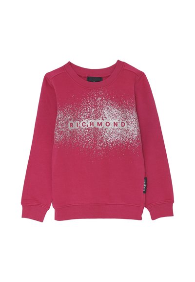 Felpa a maniche lunghe per bambino di colore rosa brillante con design a macchie bianche e testo "RICHMOND" sulla parte anteriore.