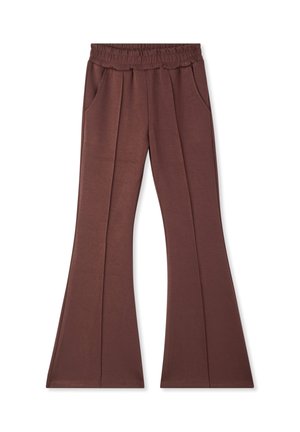 Pantaloni a zampa d'elefante marroni con vita elastica, due tasche laterali e una texture liscia. Presentano pieghe frontali per un tocco di stile in più.