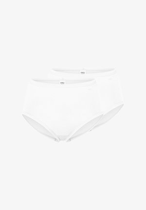 Two pairs of white cotton high-waisted briefs with smooth, elastic waistband and clean, minimal design. No visible patterns or accents.