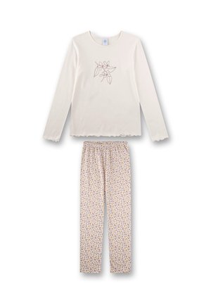 Cremefarbenes Langarmshirt mit floraler Linienzeichnung und gewellten Säumen, kombiniert mit weißen Hosen mit kleinem mehrfarbigem Blumenmuster.