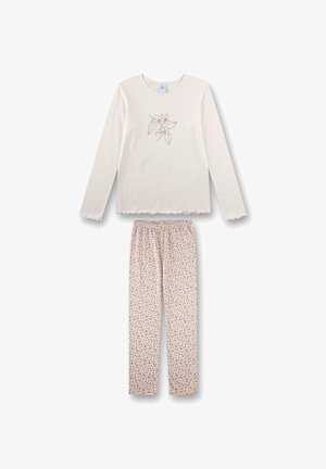 Cream long-sleeve top with floral line art and scalloped edges paired with white pants featuring small multicolor floral print.