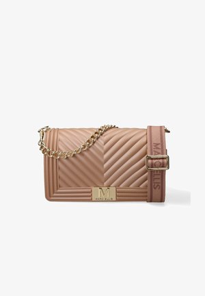 Beige quilted crossbody bag with gold chain, adjustable fabric strap with "Marc Ellis" text, and gold logo plaque on front flap.