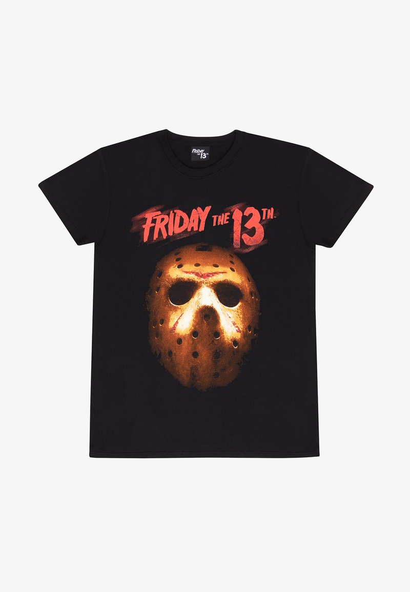 Černé bavlněné tričko s grafikou hokejové masky s otvory, zvýrazněné zlatou barvou, a tučným červeným textem "Pátek 13."