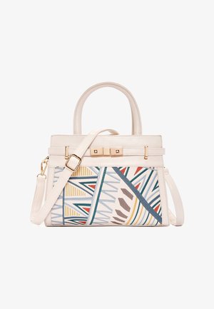 Cream handbag with top handles, adjustable shoulder strap, gold-tone clasp, and front panel featuring colorful geometric patterns.