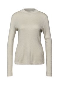 Světlý šedý svetr s dlouhým rukávem a jemným třpytem, kulatým výstřihem a přiléhavým střihem. Hladká textura bez viditelných vzorů nebo kovových doplňků.