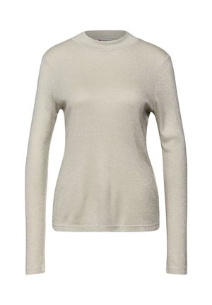 Hellgrauer Pullover mit langen Ärmeln und einem dezenten Schimmer, Rundhalsausschnitt und taillierter Silhouette. Glatte Textur ohne sichtbare Muster oder Verzierungen.