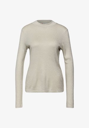 Hellgrauer Pullover mit langen Ärmeln und einem dezenten Schimmer, Rundhalsausschnitt und taillierter Silhouette. Glatte Textur ohne sichtbare Muster oder Verzierungen.