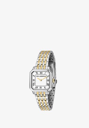 Montre carrée argent et or avec cadran blanc, chiffres romains, aiguilles dorées et bracelet à maillons métalliques bicolores par Karl Lagerfeld.