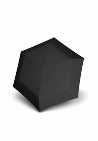 Compact zwarte paraplu met een hexagonale vorm. Heeft een gestructureerd oppervlak en een centrale knop voor het openen en sluiten.
