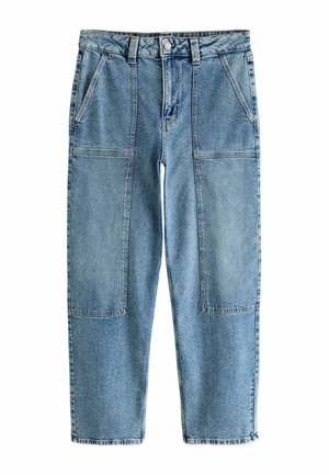 Lyseblå denimbukser med en afslappet pasform, har to store frontlommer, en knaplukning og synlige sømdetaljer.