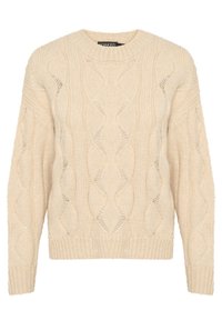 Suéter de punto color crema con un patrón de trenzas, cuello redondo y puños y dobladillo acanalados. Hecho de hilo suave y texturizado.
