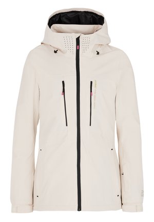 Helle beigen wasserdichte Jacke mit einer enganliegenden Kapuze, schwarzem Reißverschluss, zwei vorderen Taschen und Belüftungslöchern in der Kapuze. Ausgestattet mit verstellbaren Manschetten.