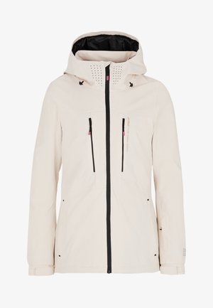 Chaqueta impermeable de un beige claro con capucha ajustada, cremallera negra, dos bolsillos frontales y agujeros de ventilación en la capucha. Incluye puños ajustables.