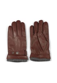 Guantes de cuero marrón con un acabado texturizado, que cuentan con un forro de punto gris y una correa ajustable con cierre a presión.