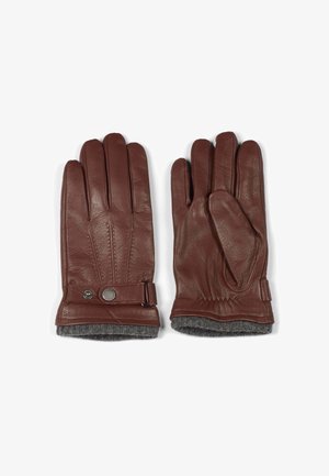 Braune Lederhandschuhe mit strukturiertem Finish, ausgestattet mit einem grauen Strickfutter und einem verstellbaren Riemen mit Druckknopf.