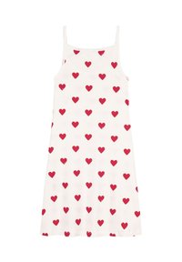 Abito bianco con motivo a cuore rosso, presenta spalline sottili e una vestibilità comoda. Realizzato in tessuto morbido, ideale per l'abbigliamento casual.