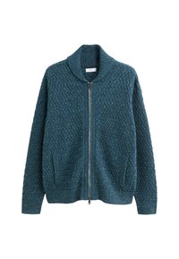 Zaļgans adīts kardigāns ar augstu apkakli, ar rāvējslēdzēju priekšpusē un sānu kabatām. Tekstūrēts raksts ar gaišāku krāsu fleķiem visā apģērbā.