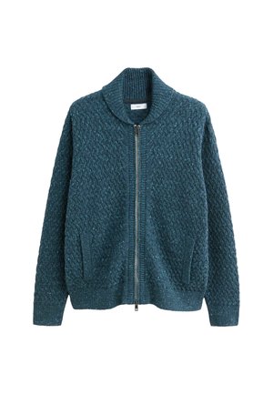 Türkiz kötött kardigán magas gallérral, cipzárral elöl és oldalzsebekkel. Texturált minta, ami világosabb színfoltokkal átszőtt.