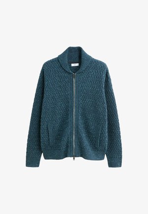 Zaļgans adīts kardigāns ar augstu apkakli, ar rāvējslēdzēju priekšpusē un sānu kabatām. Tekstūrēts raksts ar gaišāku krāsu fleķiem visā apģērbā.