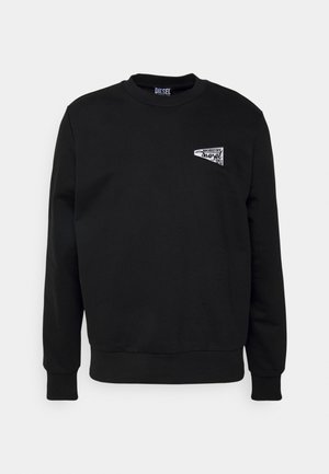 Sweat-shirt noir à manches longues avec col rond et petit logo graphique blanc sur la poitrine gauche indiquant "Diesel Industry Angel."