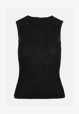 Haut sans manches noir en maille avec un motif à mailles ouvertes côtelé et un col rond.