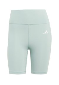 Svetlomodré športové šortky vyrobené z elastického materiálu, s vysokým pásom, hladkou textúrou a malým bielym logom na boku.