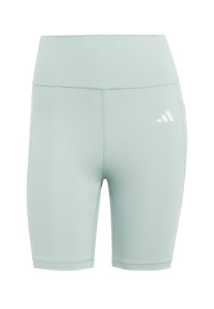 Svetlomodré športové šortky vyrobené z elastického materiálu, s vysokým pásom, hladkou textúrou a malým bielym logom na boku.